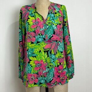 Lilly Pulitzer Elsa Silk Top Blouse Pink Green Floral Frog Print Gold Button